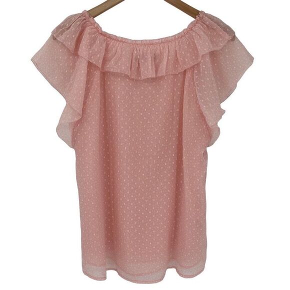Loft Clip Dot Ruffle Shell Blouse Top Short Cap Sleeves Pink Women Large NWT - Picture 2 of 5